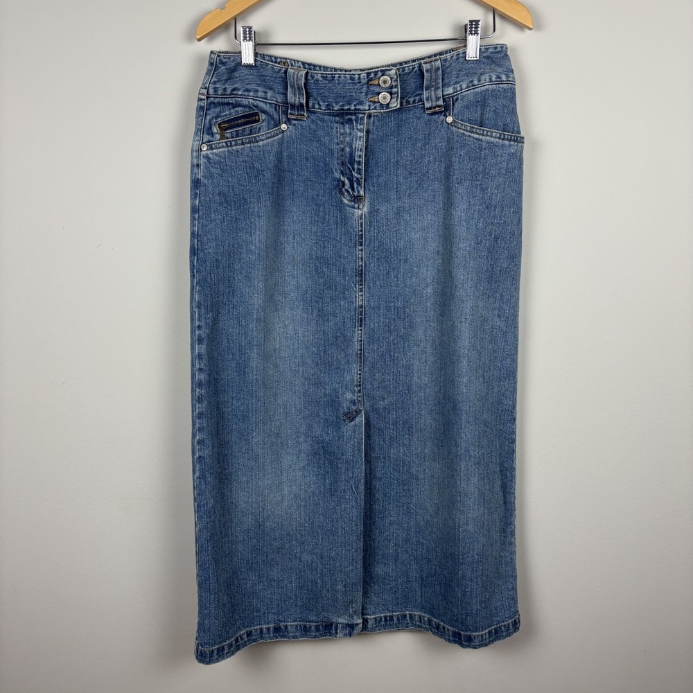 Y2K 90s Denim Maxi Skirt Womens 10 Blue Slit A-Line Stretch Modest Vintage Vtg‎